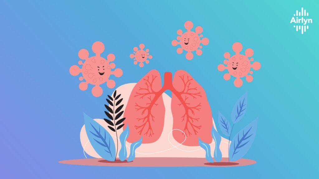  cartoon of a pair of lungs and bacteria.